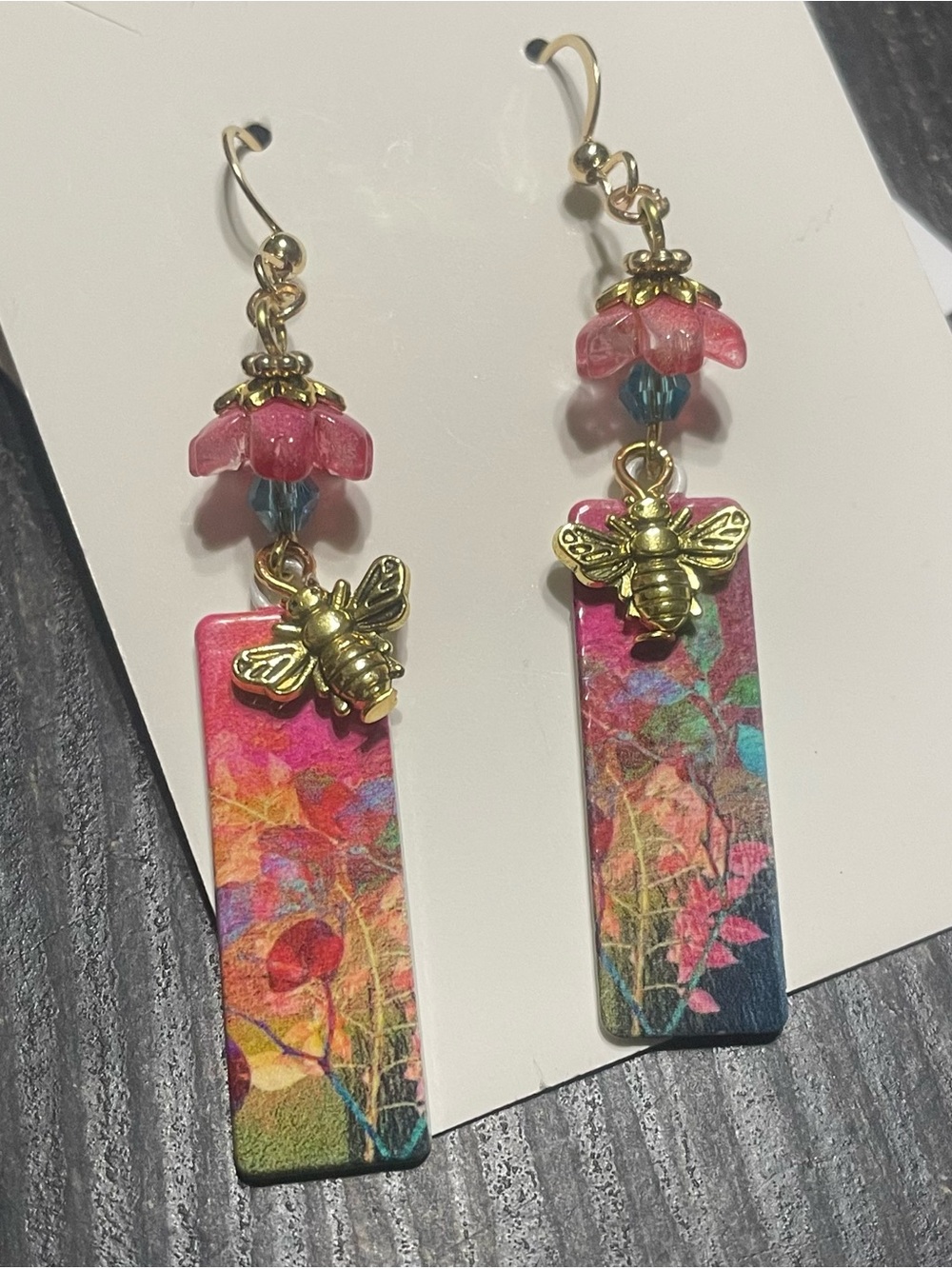 Hand Crafted Pink Floral Bee Drop Earrings with Gold Accents